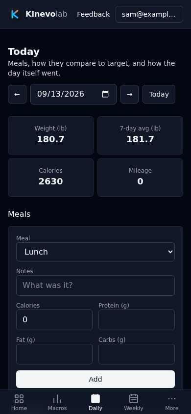 The day view on a phone: weight, seven day average, calories and mileage, then the meal form.